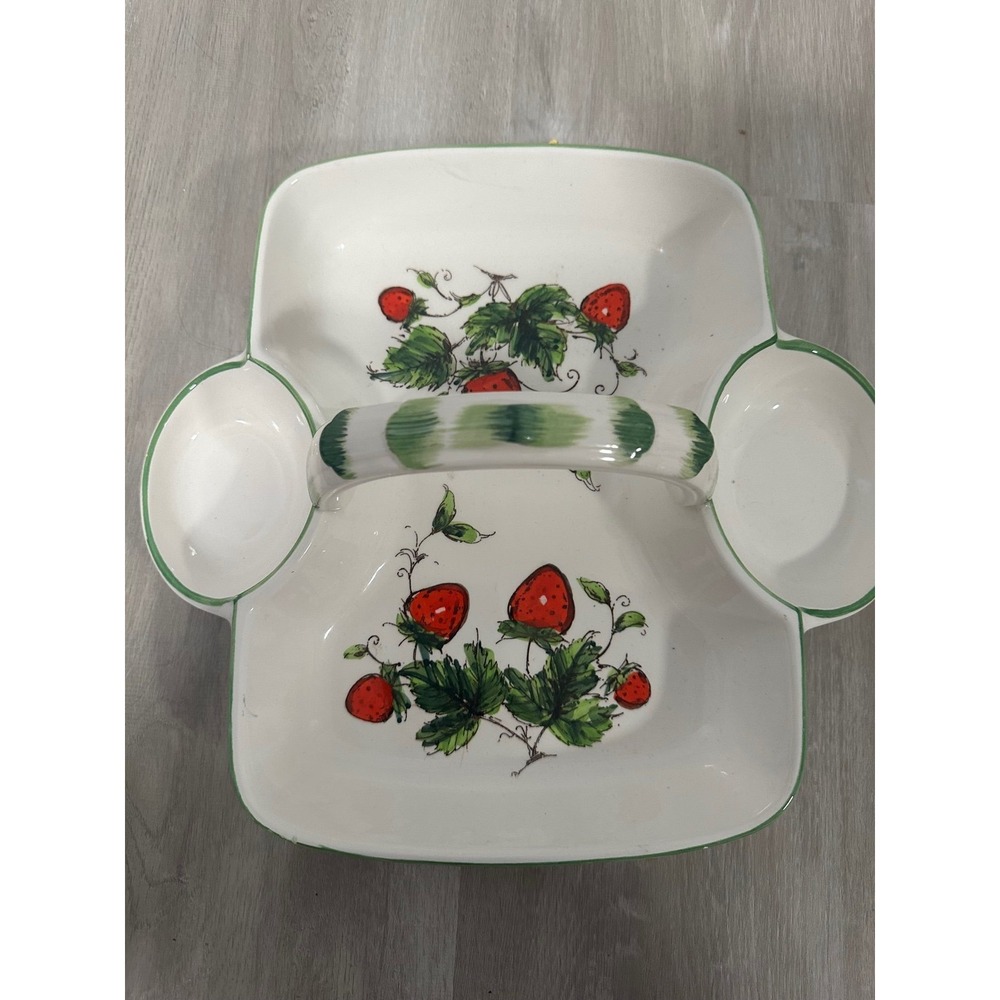 Ceramic Divided Serving Tray Dish Strawberry Design Green Handle Farmhouse